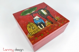 Red square lacquer box hand painted with folk themes